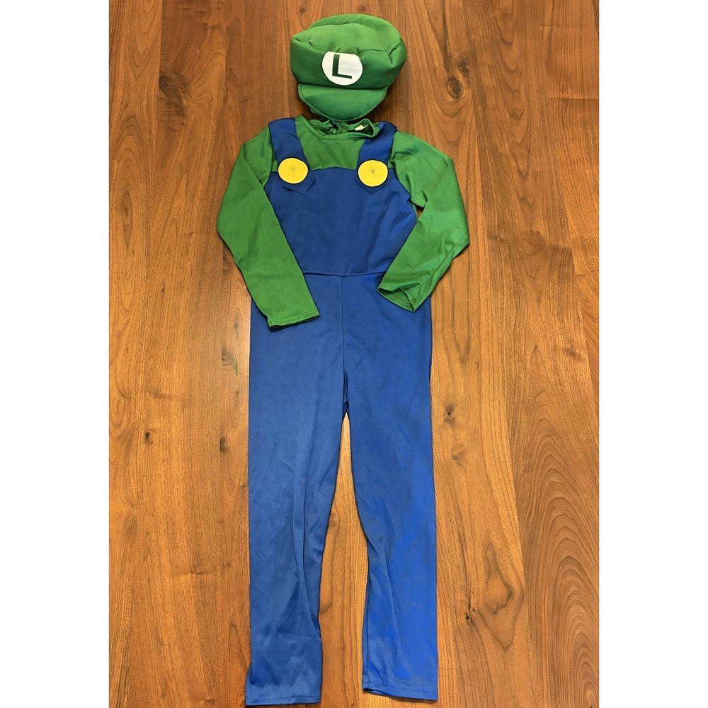 Super Mario Bros Luigi Costume Kids Small Jumpsuit Hat Nintendo Halloween